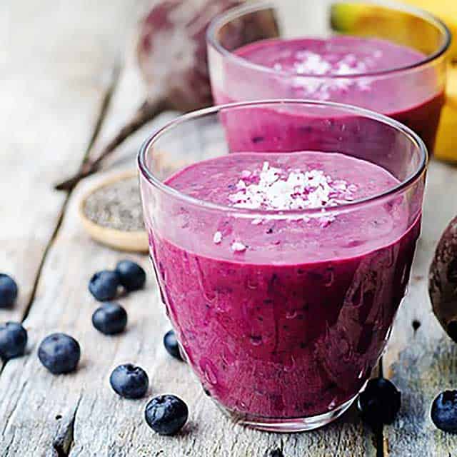 A healthy smoothie made with blueberries and oats
