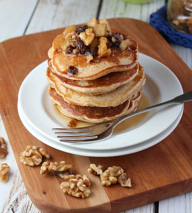 Plate of Whole Wheat Banana Walnut Pancakes with Apple, Walnuts and raisins Plate of Whole Wheat Banana Walnut Pancakes with Apple, Walnuts and raisins