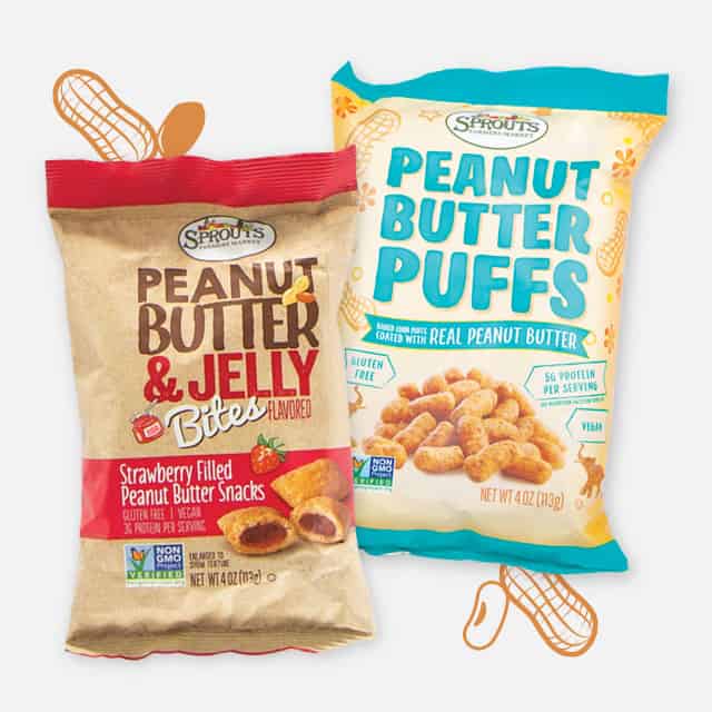 Sprouts Brand - Peanut Butter Puffs & Peanut Butter & Jelly Bites Sprouts Brand - Peanut Butter Puffs & Peanut Butter & Jelly Bites