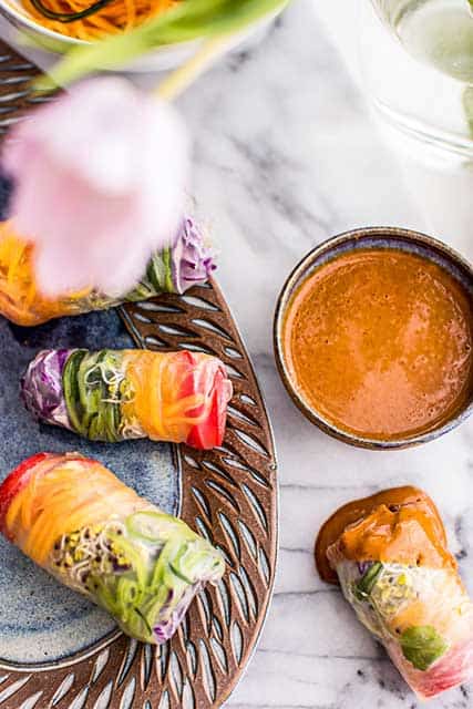 Rainbow Spring Rolls with Papaya Noodles + Spicy Peanut Sauce