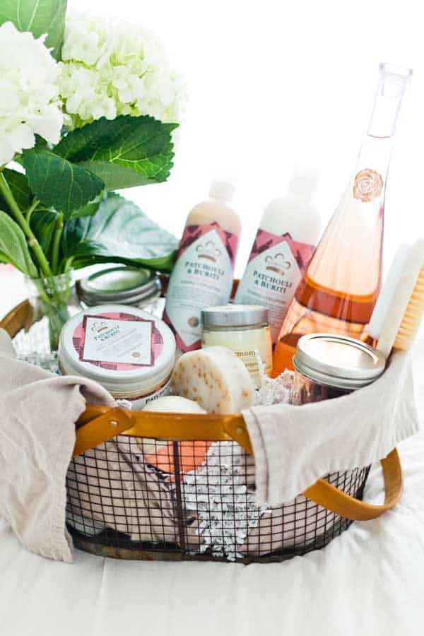 Basket filled with assortment of gifts.