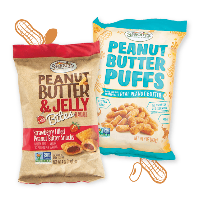 Sprouts Brand - Peanut Butter Puffs & Peanut Butter & Jelly Bites Sprouts Brand - Peanut Butter Puffs & Peanut Butter & Jelly Bites
