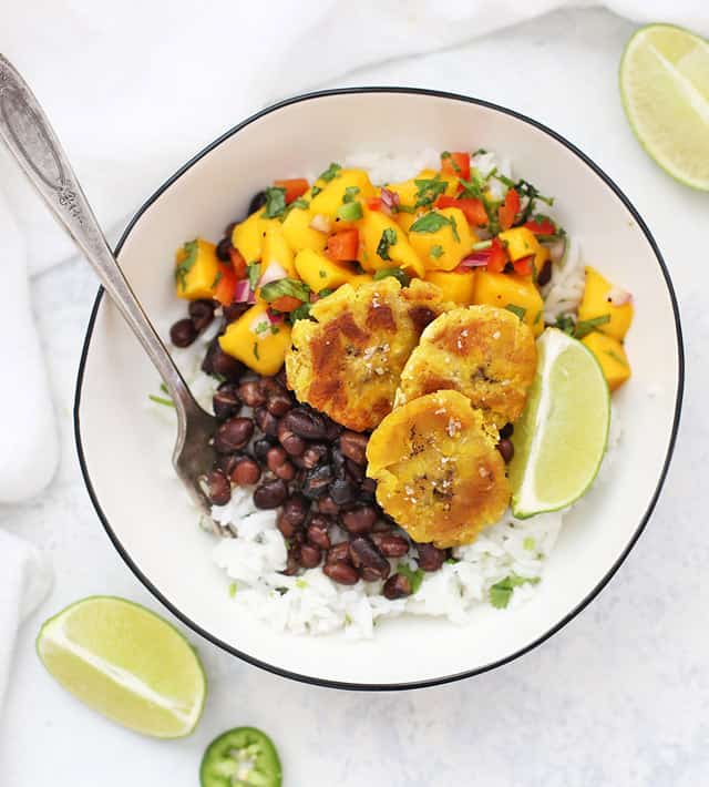 Cuban Style Burrito Bowls with Mango Salsa, Crispy Plantains and lime