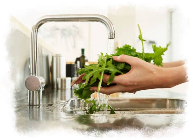 Reduce Food Waste: Woman rinsing greens under a kitchen sink faucet.
