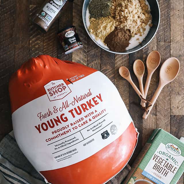 Fresh, all-natural young turkey, spices and vegetable broth