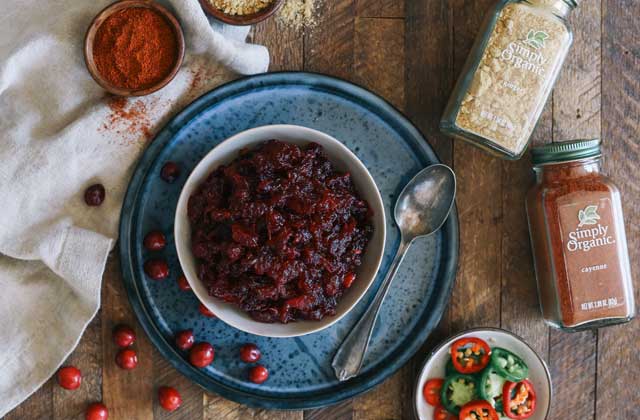 Bowl of cranberry relish with spices and peppers 