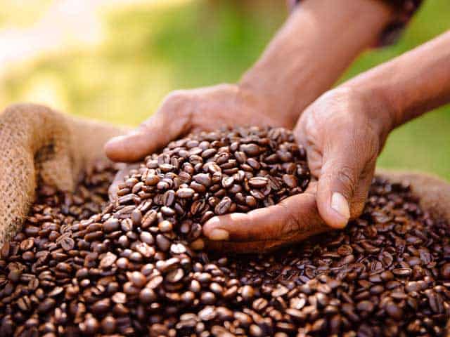 Fair Trade coffee beans with farmer