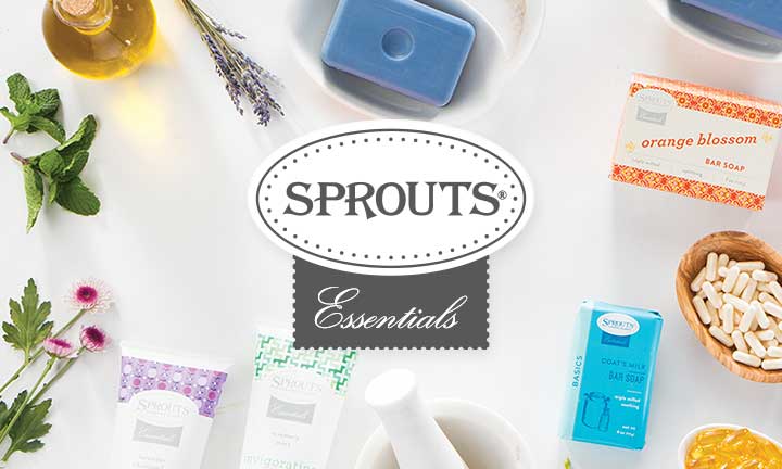 Sprouts Essentials logo with product variety in background