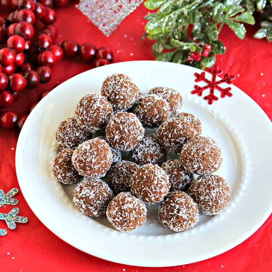 Coconut Covered Rum Date Balls on Holiday decor