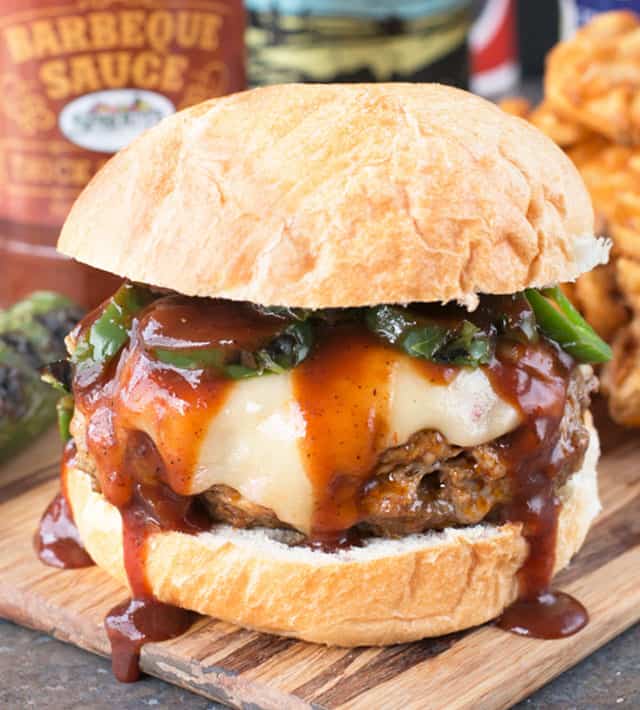 Burger with barbecue sauce and jalapeños
