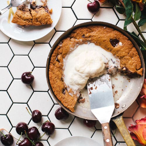 chocolate cherry cookie in a skillet