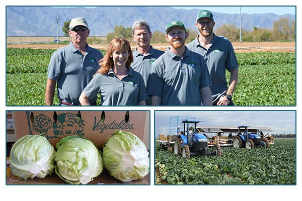 Everkrisp farms family, heads of lettuce, and a tractor working in the fields.
