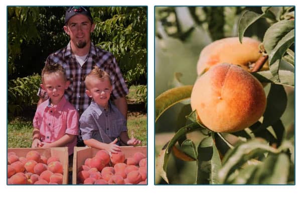 McMullin Family in front of peach crates, peach on tree branch.
