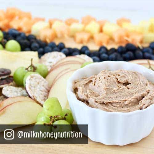 Peanut protein dip in a dish with fruit