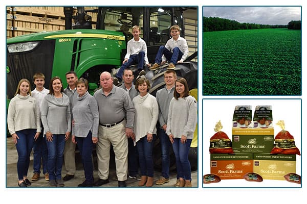 Scott family farmers in front of tractor, an image of Scott farms products, and an image of a crop field.