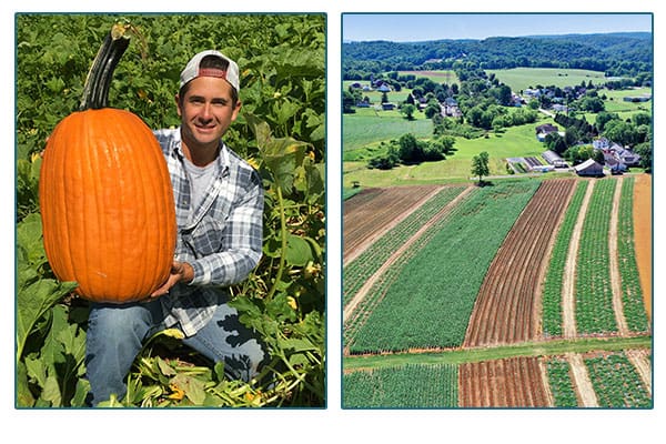 Harnish Farms farmer holding a pumpkin, and an arial view of the farm