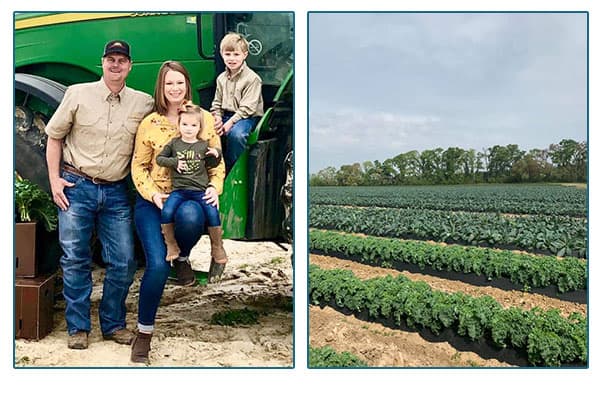 McClellan Organics Farm family in front of tractor and an image of their field.