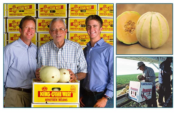 Turlock farmers in front of fruit crates, image of a melon, and a farmer working in a field.