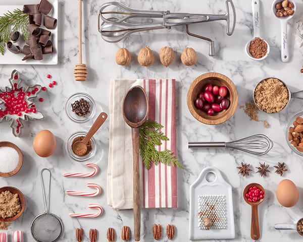 Holiday baking utensils and ingredients displayed on counter