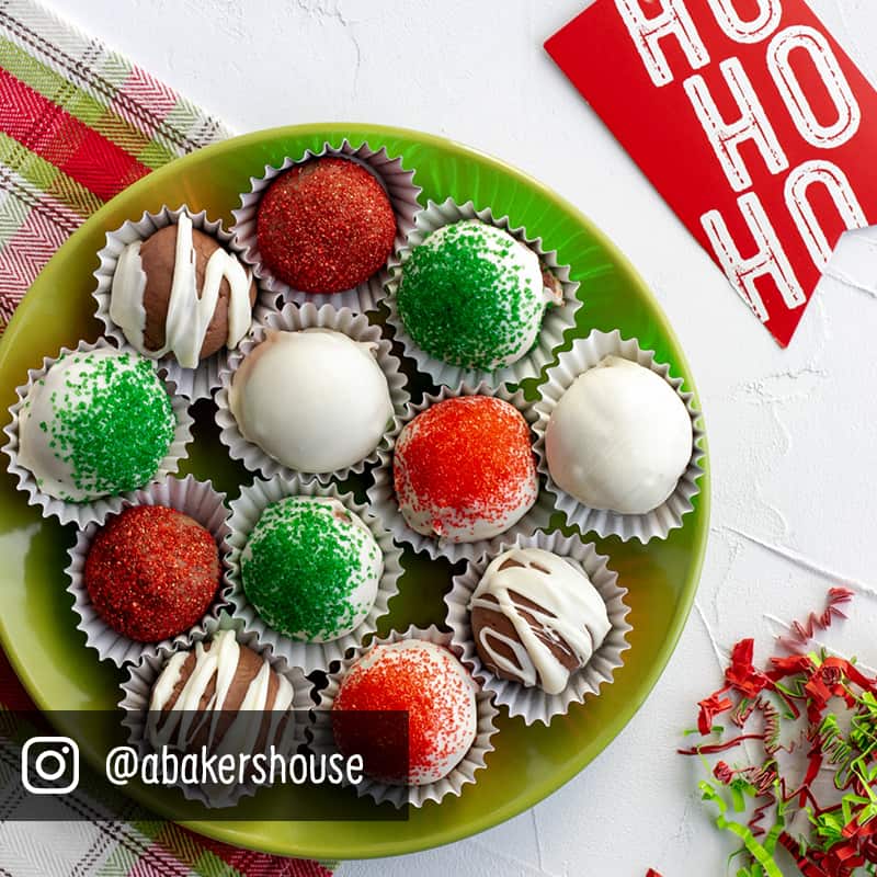 Holiday colored mocha truffles on a plate