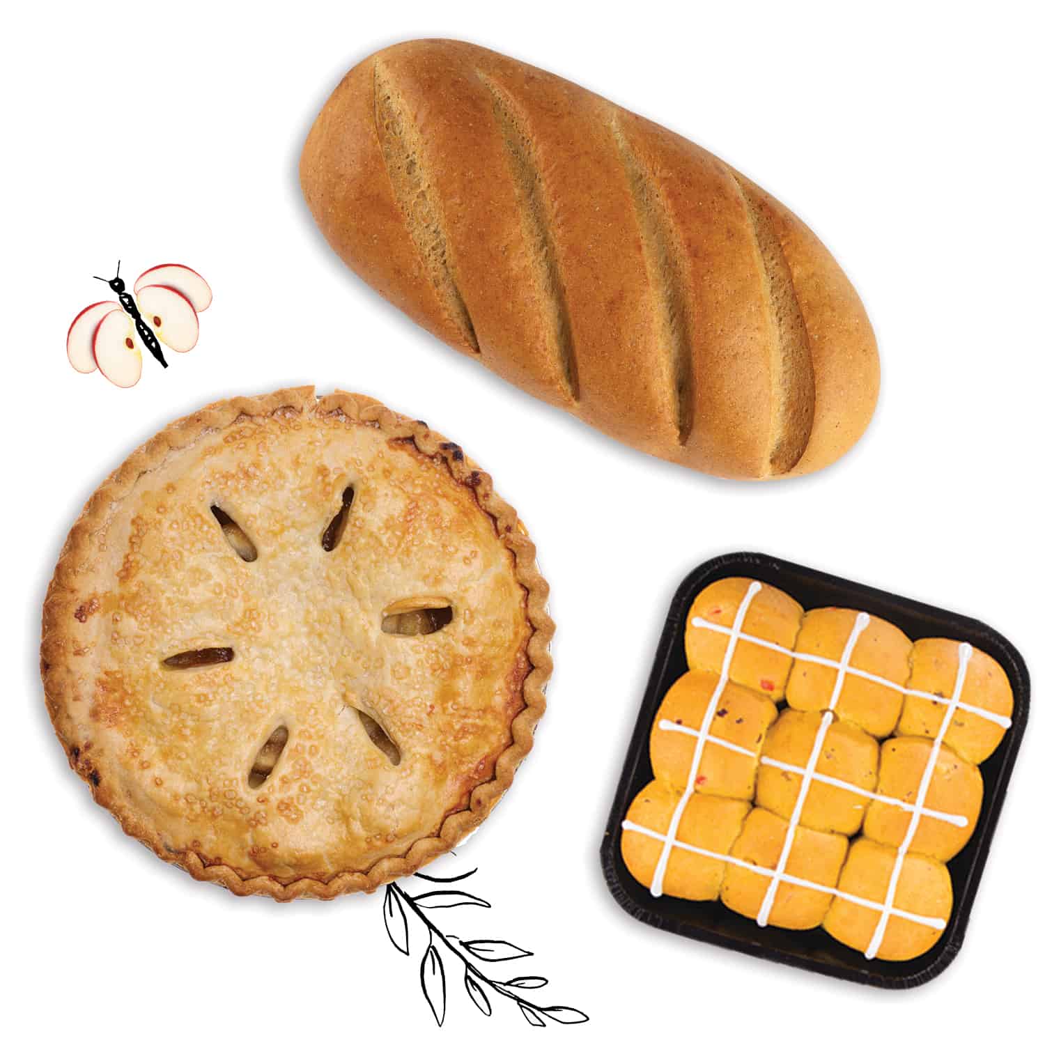 Artisan bread, apple pie and hot cross buns