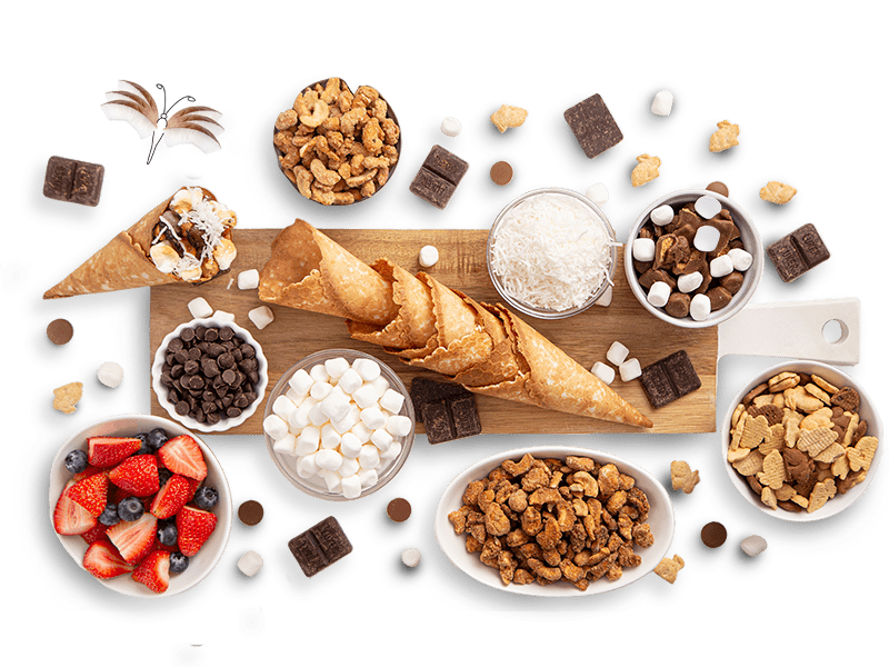 campfire cones with all the fixings on a tabletop.