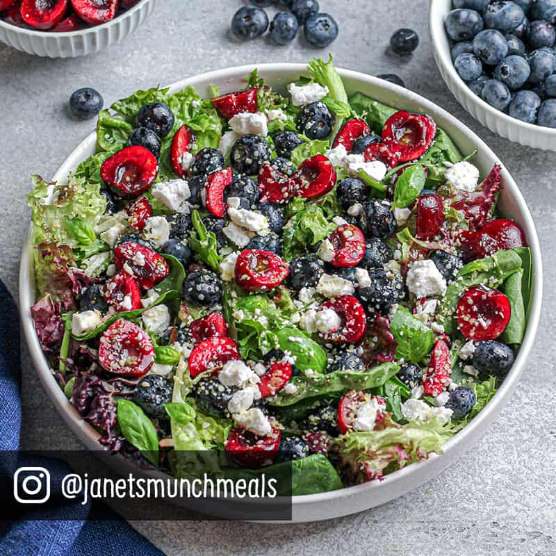 Blueberry, Cherry and Vegan Feta Salad with Lemon Basil Dressing
 