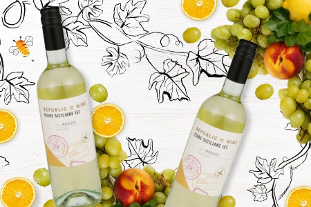 moscato wine surrounded by fruit and vines