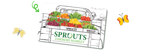 gift card with produce critters flying around it