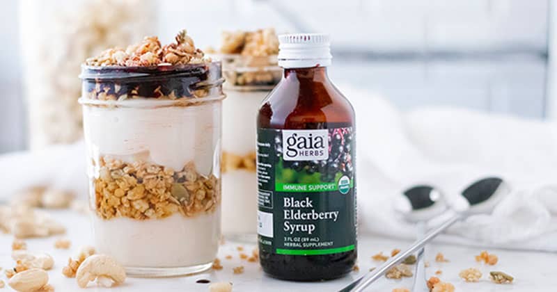elderberry yogurt parfait in a glass