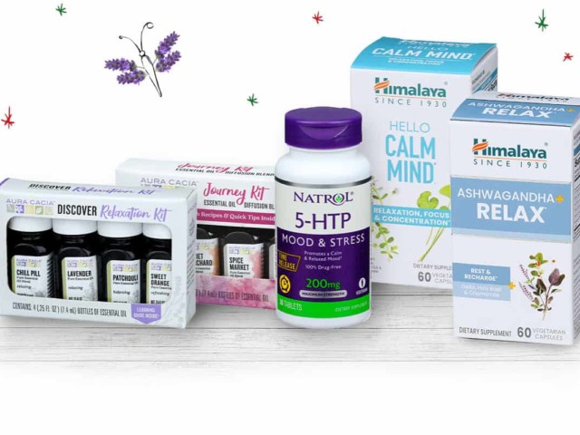 Aura Cacia, Himalaya and Natrol products on a table