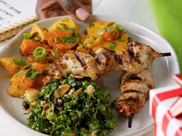 Chicken Skewers with Tahini Roasted Vegetables