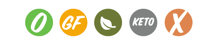 Organic, Gluten-free, Plant-based, Keto, non-GMO icons