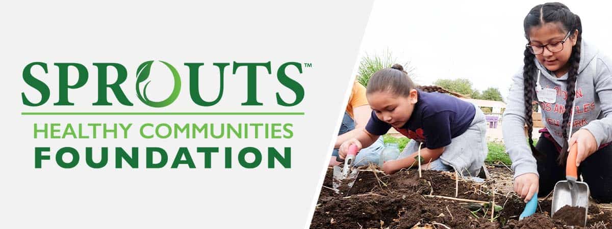 Sprouts healthy communities foundation logo, photos of kids in garden.