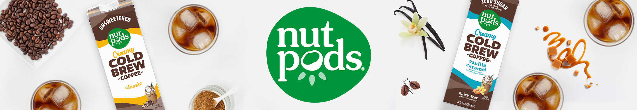 nutpods cold brew coffee varieties surrounding the logo
