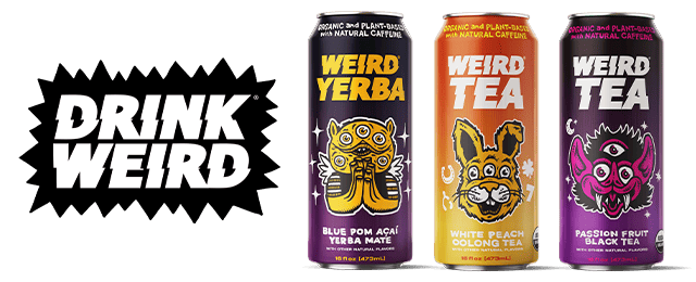Drink Weird Beverages logo and variety