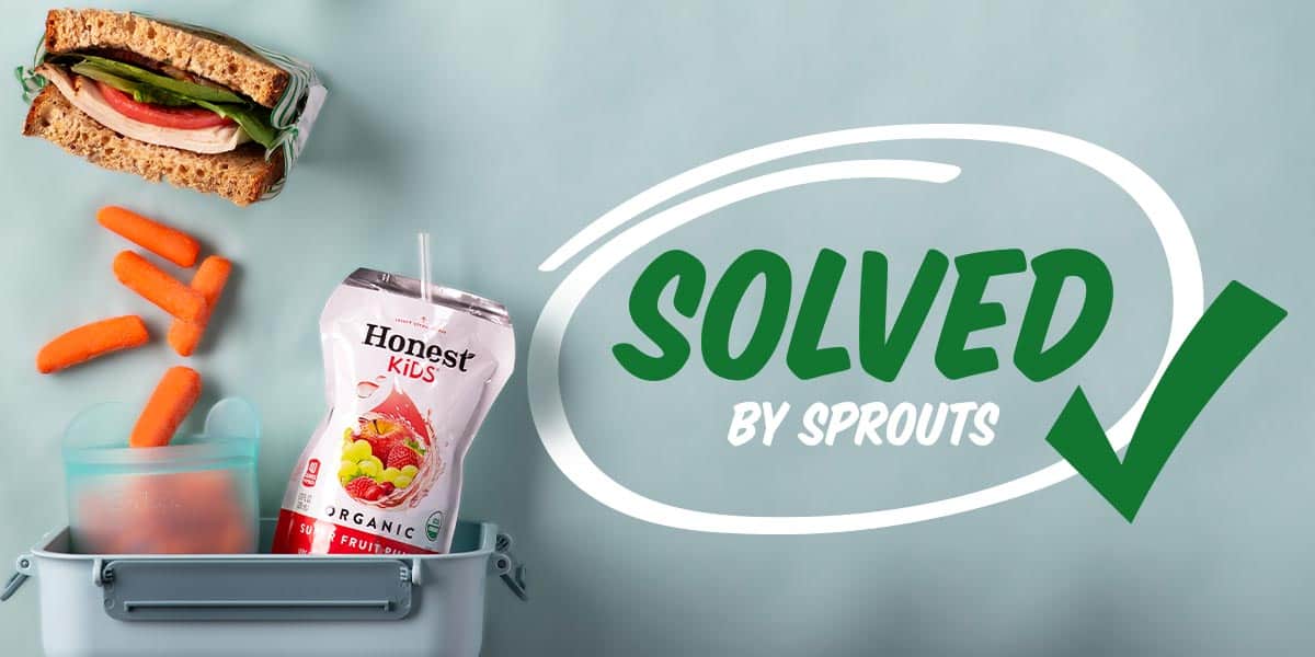 Solved by Sprouts logo alongside kids lunch food