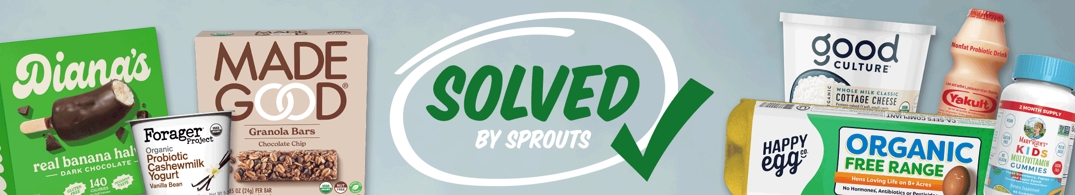Solved by Sprouts logo surrounded by foods that promote wellness