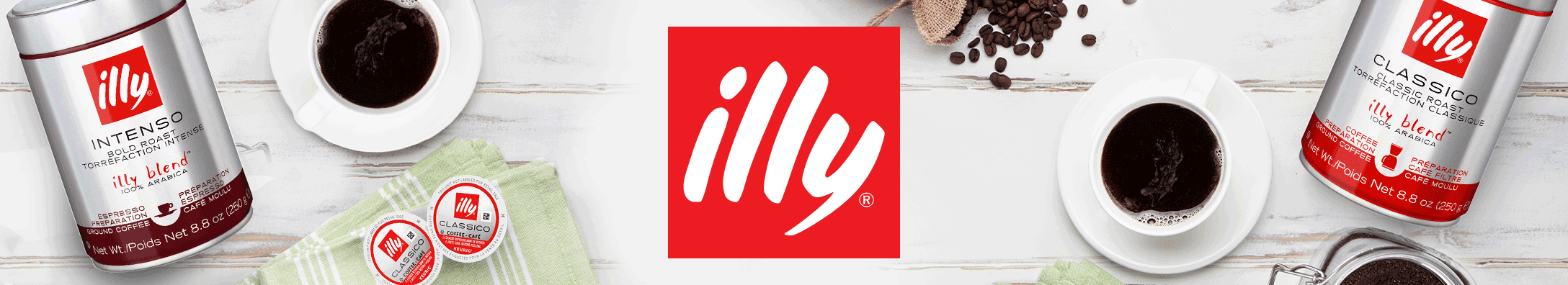 illy logo surrounded by coffee products