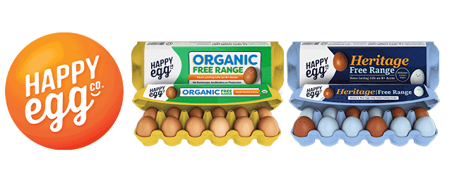 Happy egg logo next to egg cartons