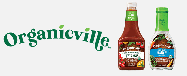 organicville logo next to ketchup and salad dressing bottles
