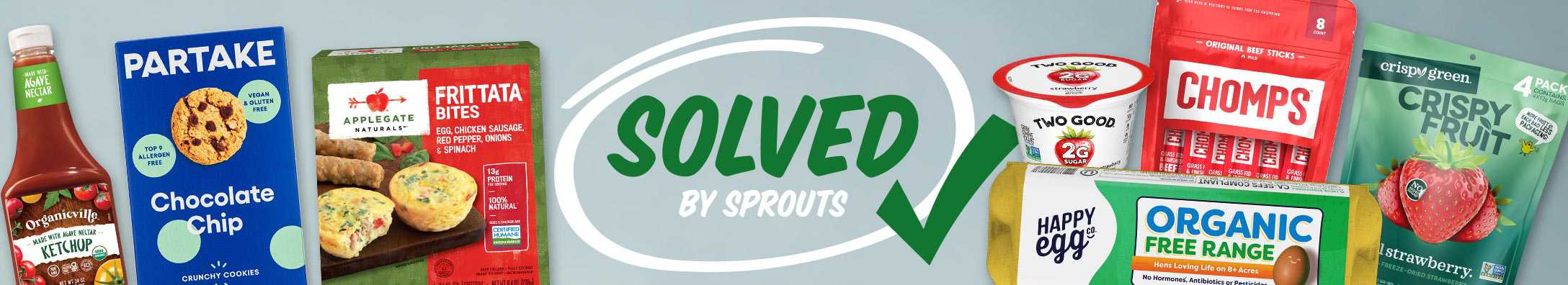 Solved by Sprouts logo surrounded by featured back-to-school favorites