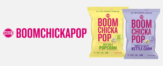 BoomChickaPop logo next to popcorn bags