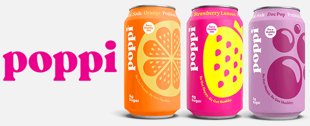 Poppi logo next to beverage cans