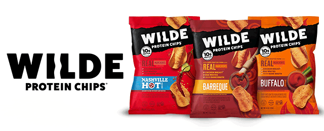 Wilde protein chips logo next to chip bags