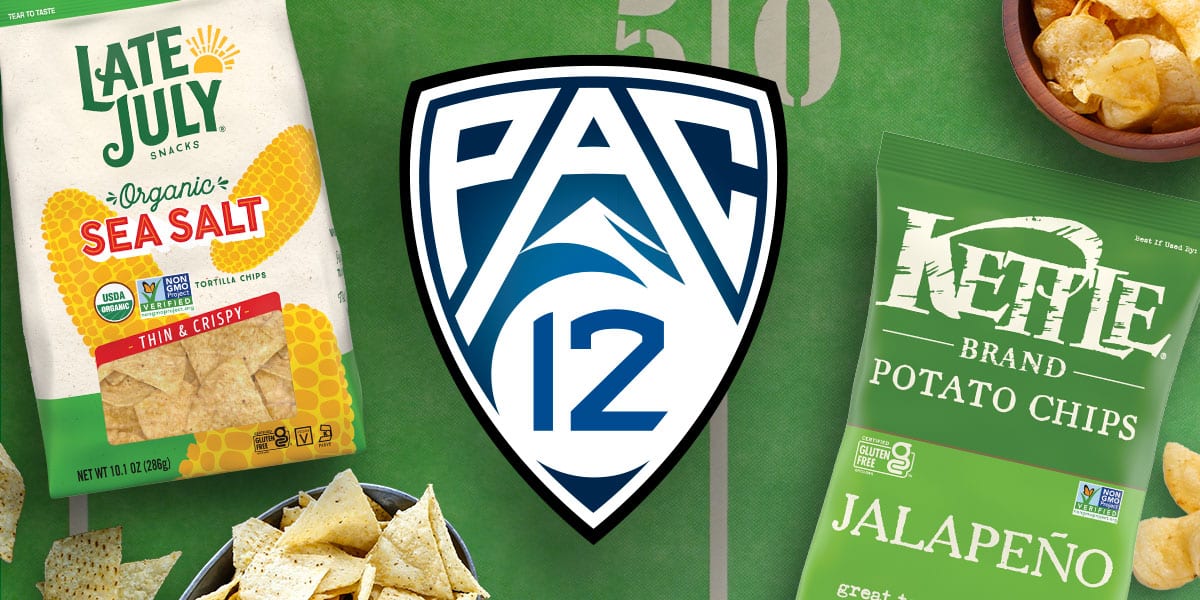 Pac12 Logo, Late July tortilla chips, Kettle Brand Jalapeño potato chips on a football field background