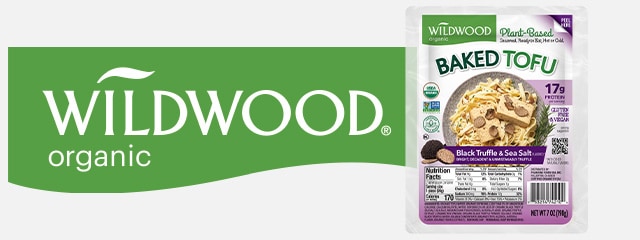 Wildwood logo next to baked tofu product