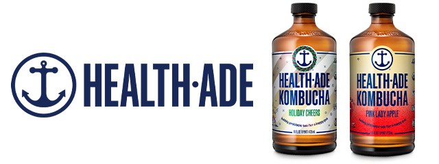 Health-ade logo next to bottles
