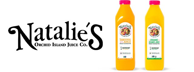 Natalie's logo next to bottles of juice