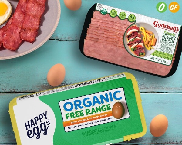 Happy Eggs egg carton & Godshalls bacon package